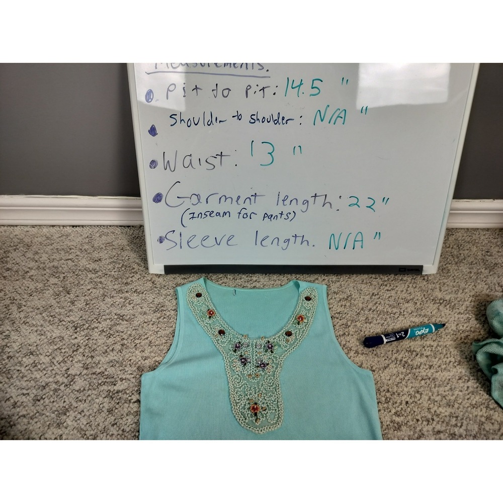 Vintage Silk Blend Crochet Embroidered Beaded Ribbed Knit Tank Top Womens Aqua - Picture 9 of 9